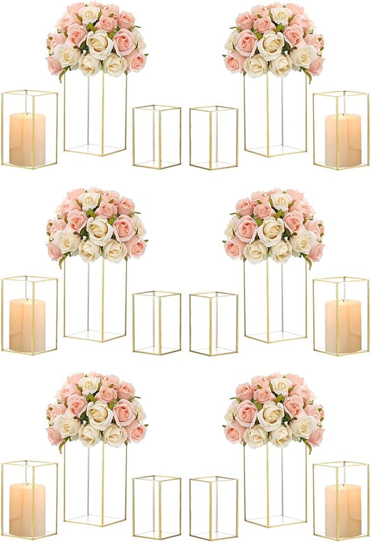 Hewory Glass Hurricane Candle Holder Set of 18, Gold Large Hurricane Centerpiece for Table, Tall Floor Square Pillar Candle Holders Lantern Set for Wedding, Anniversary, Party, Fireplace, Dining Room