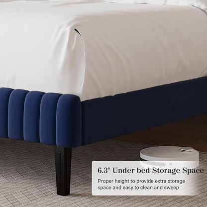 King Size Bed Frame and Headboard, Velvet Upholstered Platform Bed with Vertical Channel Tufted Headboard and Footboard, No Box Spring Required, Easy Assembly, Blue