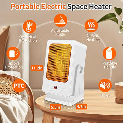 Portable Space Heaters for Indoor Use,Desktop Heater with 900W PTC 2s Fast Heating, 30° Adjustable Angle Design Small Electric Heater Lightweight for Personal, Office,Room,White