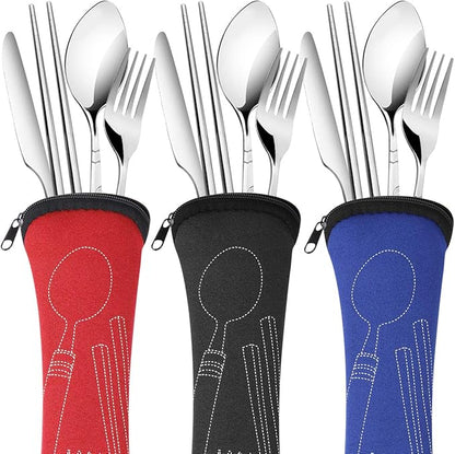 6 Pack Reusable Flatware Sets Knife, Fork, Spoon, Chopsticks, 24Pcs Portable Travel Stainless Steel Tableware Dinnerware with Carrying Case