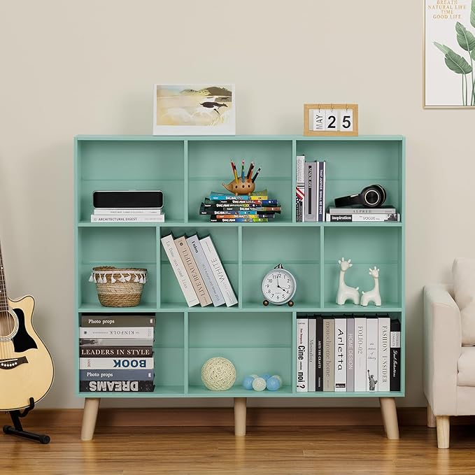 LEYAOYAO 10 Cube Bookshelf,3 Tier Modern Wide Bookcase with Legs,Mid-Century Wood Bookshelves Storage,Mint-Green Large Book Case,Freestanding Organizer Display Shelf for Bedroom,Living Room,Office