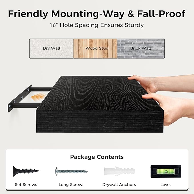 Fun Memories 72 Inch Floating Shelf, 12 Inch Deep Wall Shelf for Fireplace Mantel, Deep Storage Shelves for Home & Office, Wall Shelves with Invisible Bracket, Black, Set of 1