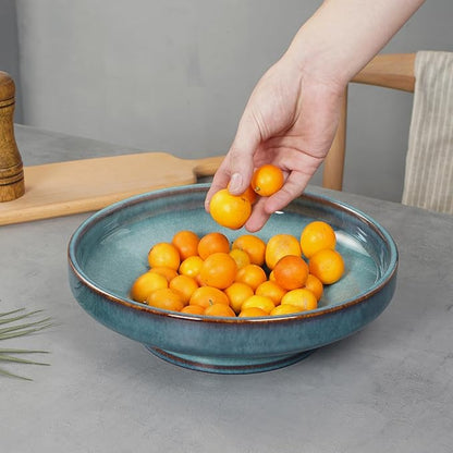 Ceramic Fruit Bowl for Kitchen Counter,Decorative Pedestal Bowl for Table Countertop,Large Footed Serving Bowl,10.2 Inch (Blue)