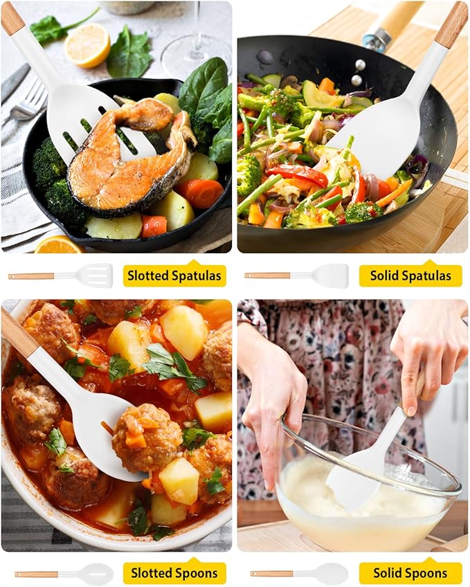 Pack of 4 Silicone Cooking Utensils Set, Non Stick Solid Spatulas and Heat Resistant Slotted Spoons with Wooden Handle, Ideal Wood Kitchen Utensils Set for Frying,Serving,Turning,Stirring (WHITE)