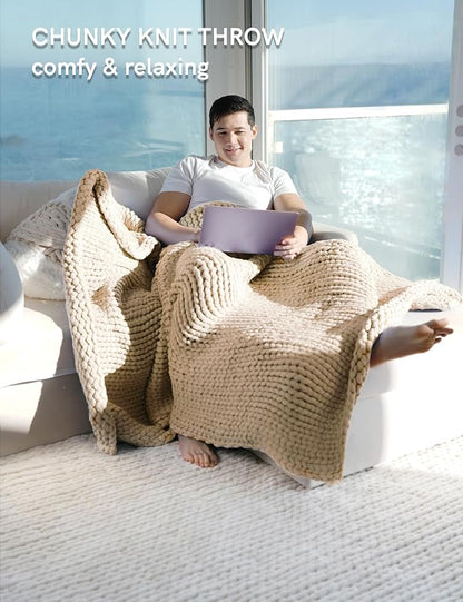 YnM Chunky Throw Blanket, Medium-Weight, Hand Knitted, Skin Friendly, Ventilated and Breathable, Machine Washable, Home Décor Piece for Couch, Sofa and Bed (Beige, 40x50 Inch)