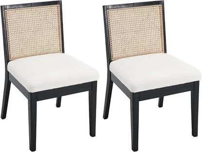 VESCASA Upholstered Dining Chairs with Square Rattan Back, Armless Padded Sherpa Fleece Cushion Dining Chairs with Wood Legs for Dining Room, Kitchen, Set of 2, Black Frame