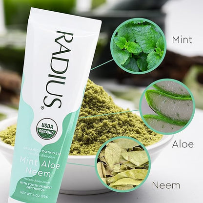 RADIUS Toothpaste, Mint Aloe Neem, 3 oz, USDA Organic Non-Toxic Chemical-Free Gluten-Free, Designed to Improve Gum Health & Prevent Cavities, Pack of 1