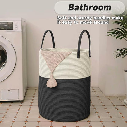 Large Woven Laundry Basket Hamper,100L Cotton Rope Storage Bin for Blankets,Toys and Clothes,Decorative Tall Nursery Hamper for Living Room,Baby Nursery,Bathroom and Bedroom,White and Black