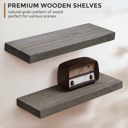 Fun Memories European Pine Floating Shelves for Wall, Mounted Shelf for Decor Storage Set of 2 - Natural Rustic Wooden Wall Shelf for Kitchen Bathroom Living Room Bedroom Farmhouse - Grey
