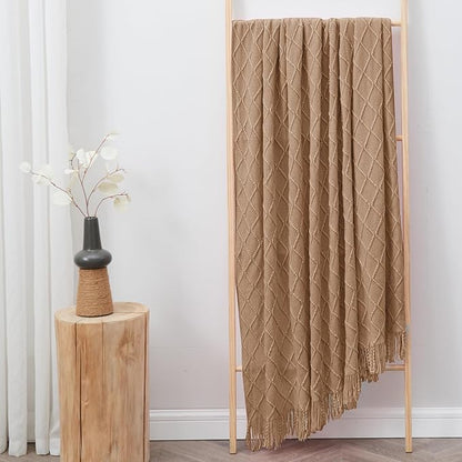 inhand Knitted Throw Blankets for Couch and Bed, Soft Cozy Knit Blanket with Tassel, Khaki Lightweight Decorative Blankets and Throws, Farmhouse Warm Woven Blanket for Men and Women, 60"x80"
