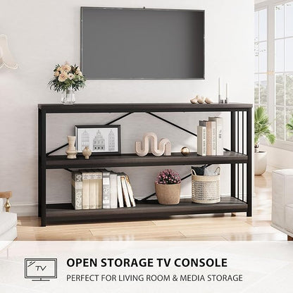 LVB Industrial Console Table, Metal and Wood Sofa Table, Rustic Entryway Table with Storage, Modern 3 Tier Shelf Long Foyer Tables Behind Couch for Home Living Room Hallway, Dark Gray Oak, 55 Inch