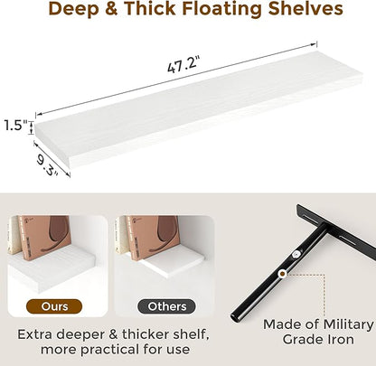 48 Inch Floating Shelves White, Rustic Wood Floating Shelf Wall Mounted, 9 Inch Deep Floating Shelf for Kitchen, Bedroom, 48 x 9 Wall Shelves for Home Storage, Set of 1