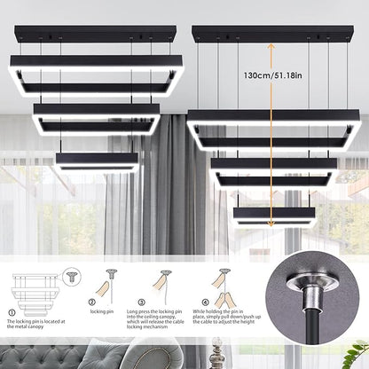 Modern 3 Rings Rectangle Chandelier for Living Room - Adjustable Height Luxury Foyer Lighting Fixture for High Ceiling, Hanging Dining Room LED Pendant Light