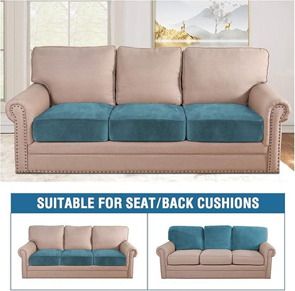 H.VERSAILTEX Velvet Stretch Couch Cushion Cover Plush Cushion Slipcover for Chair Loveseat Sofa Cushion Furniture Protector Seat Cushion Sofa Cover (3 Piece XL Sofa Cushion Covers, Peacock Blue)
