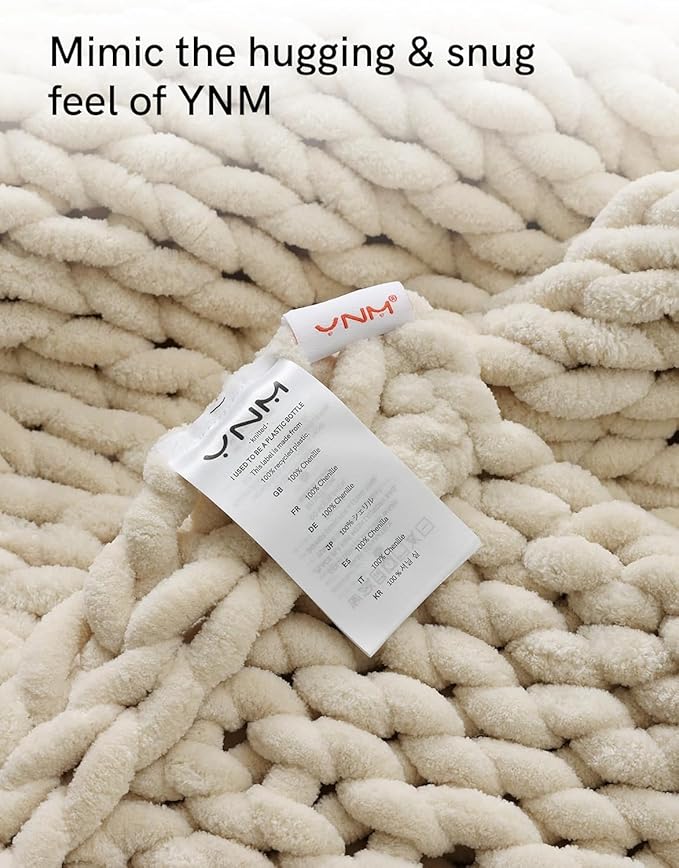 YnM Chunky Throw Blanket, Hand Knitted with Chenille Yarn, Skin Friendly, Ventilated and Breathable, Machine Washable, Home Décor Piece for Couch, Sofa and Bed (Butter Cream, 40x50 Inch)