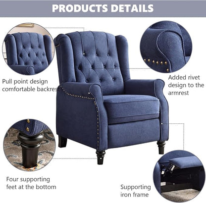 CANMOV Push Back Recliner Chair,Accent Chair, Mid Century Wingback Recliner, Fabric Push Back Recliner Chair Single Armchair Sofa with Rivet Decoration, Button-Tufted Back for Living Room,Dark Blue