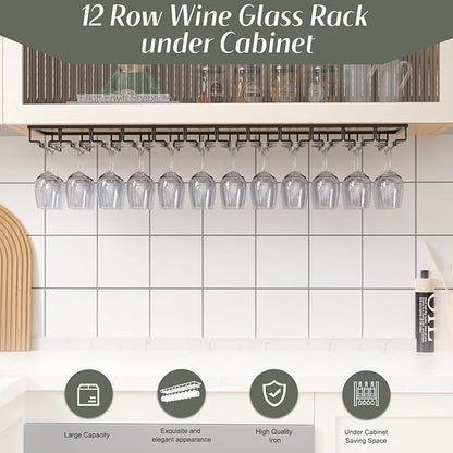 Xverycan Wine Glass Rack Under Cabinet, 12 Row Extreme Large Stemware Hanger, Metal Wine Goblet Holder, DIY Bar Glass Storage Rack for Bar Counter, Kitchen, Screws Included
