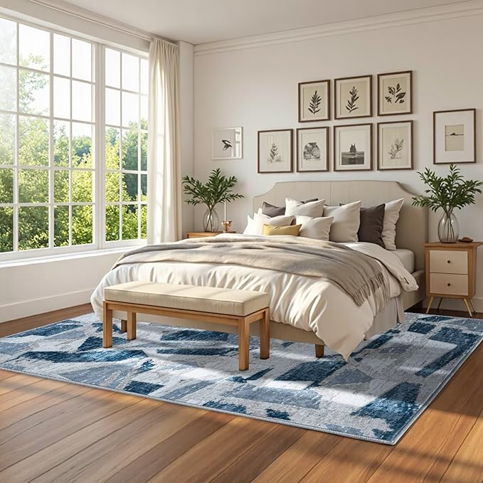 Modern Abstract Blue 5X7 Area Rug for Living Room Bedroom Washable, with Non-Slip Rubber Backing Print Faux Wool Thin, Throw Large Carpet for Kids Playroom Dining Room Pet & Child Friendly