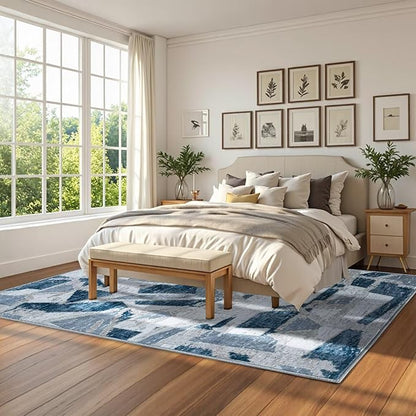 Modern Abstract Blue 5X7 Area Rug for Living Room Bedroom Washable, with Non-Slip Rubber Backing Print Faux Wool Thin, Throw Large Carpet for Kids Playroom Dining Room Pet & Child Friendly