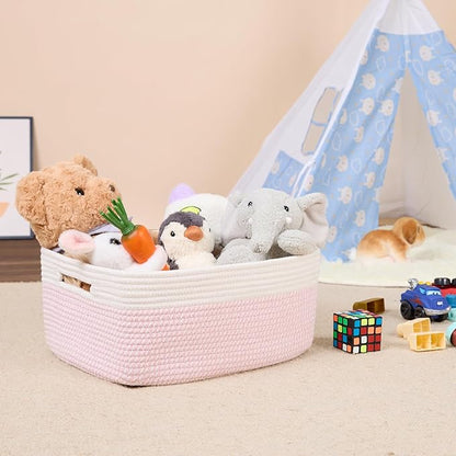 Large Storage Baskets for Shelves, Closet Organizers Bins for Clothes Blanket Towels, Baby Nursery, Toy Baskets Box, Woven Rope Baskets, 17 x 13 x 7.5”, 3 Packs Woven Pink