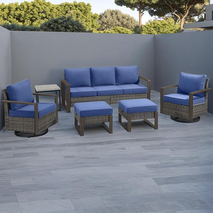 Outdoor Wicker Patio Furniture Set - 6 Piece Patio Conversation Set with 2 Wicker Swivel Rocker Chairs,2 Rattan Ottoman,1 Side Table and 1 Couch,Thick Cushions,Deep Seating(Mixed Grey/Blue)