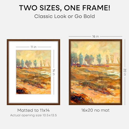 Homeforia 16x20 Picture Walnut Frame, High End Dark Oak 16x20 Wooden Brown Frames with Mat 11x14, 16 x 20 Wood Poster Frame Matted to 11 by 14, 20x16 Hanging Frames, Tempered Glass, Wall Kit, Set of 1