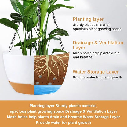 10 inch Hanging Planters Self Watering Pots for Indoor Plants, 3 Pack Plastic Hanging Basket with Removable Tray for Home Garden Porch Balcony Patio Decor (White)