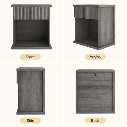 Fluted Nightstand, 22.8" Wide Nightstands with Drawer Storage Large Wood BedsideTable Night Stand for Bedroom, Grey Oak