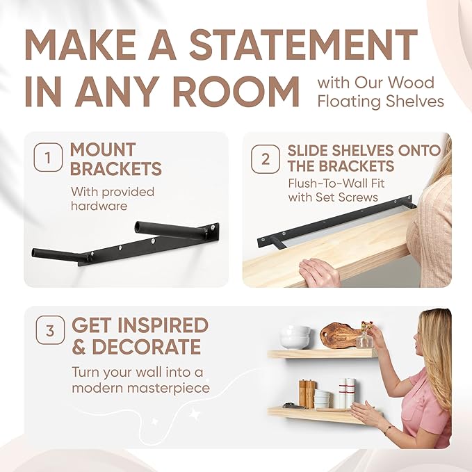 Homeforia 24 inch Wood Floating Shelves, High End Solid Natural Wood 24inch Floating Shelf for Wall, Unfinished Wooden 24 inches Floating Shelves, Heavy Duty Bracket, 24 X 6.5 X 1.75 in, Set of 3