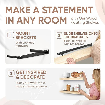 Homeforia 24 inch Natural Floating Shelf, High End Solid Real Wood 24inch Small Floating Shelves for Wall Mounted, Natural Wooden Floating Shelves, Heavy Duty Bracket, 24 X 6.5 X 1.75 in, Set of 3
