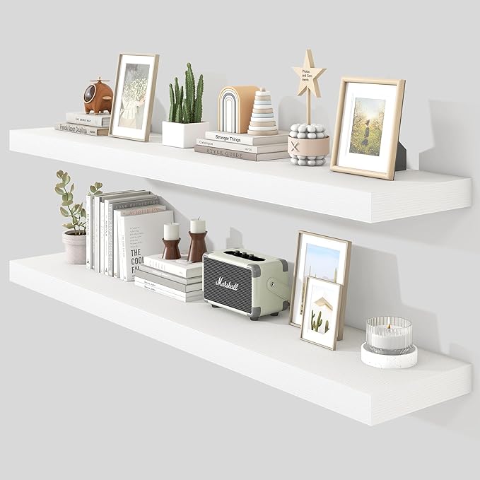 Heimlove 55 Inch Floating Shelves for Wall,10 Deep 10 Deep Large White Wall Shelf with Heavy Duty Brackets,Mounted Storage & Display Shelves for Bedroom,Living Room,Kitchen,Office,Set of 2