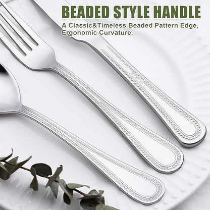 60-Piece Silverware Set for 12, Stainless Steel Flatware, Mirror Polished Cutlery Set, Utensils Include Spoons, Forks, Knives for Home, Restaurant, Beaded Handle, Dishwasher Safe
