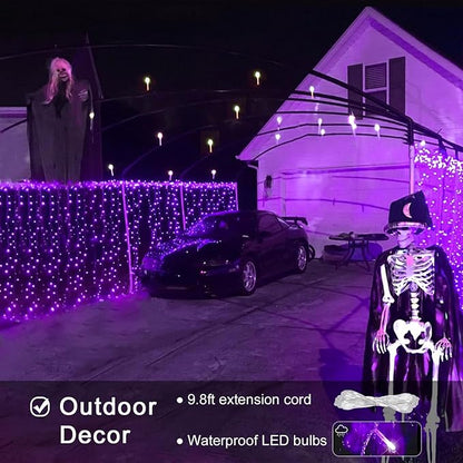 JMEXSUSS 300LED Purple Halloween Lights with Remote, Curtain Hanging Light Plug in, 8 Modes Purple String Lights for Bedroom Window Wall Party Backdrop Christmas Halloween Decorations