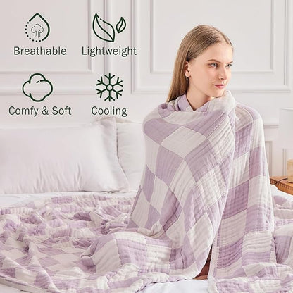 EMME Checkered Cotton Blanket Twin Large 60"x80" 100% Muslin for Couch Breathable Cooling Gauze All Season Soft and Lightweight (Lavender)