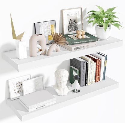 Floating Shelves Set of 2, 36 Inch Long Wooden Wall Shelves, 10 Inch Deep Wall Mounted Storage Shelf with Metal Brackets for Living Room, Bathroom, Bedroom and Kitchen, White