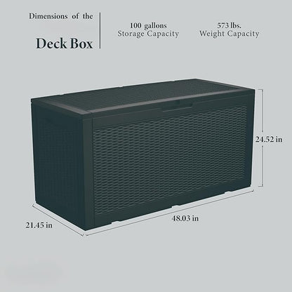 100 Gallon Double-Wall Resin Deck Box - Lockable Waterproof Outdoor Storage Box, 1000lbs Capacity & Doubles as Seating for Patio Furniture - Garden Tools, Pool Accessories (Black)