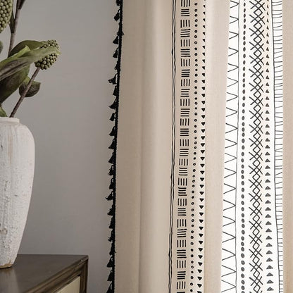 Sutuo Home Boho Curtain 84 Inches Length for Bedroom, Printed Cotton Linen Geometry Rod Pocket Chic Semi Blackout Bohemian Tassels Window Treatment for Living Room, 1 Panel 59" W x 84" L, Black