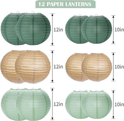 Paper Lanterns Decorative, Sage Green Forest Tan Hanging Round Chinese Lanterns with Lights for Rustic Party Sage Green Birthday Party 12 LED Light Pack of 12