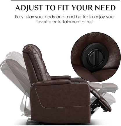 CANMOV Electric Power Recliner Chair with USB Ports and Cup Holders, Breathable Leather Home Theater Seating with Hidden Arm Storage (Red Brown)
