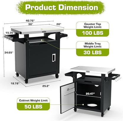NUUK Grill Carts Outdoor with Enclosed Cabinet and Storage Drawer, Portable Patio Bar Cart with Wheels Stainless Steel Kitchen Storage Island 20" x 30" Rolling Prep Station for BBQ, Deck, Backyard