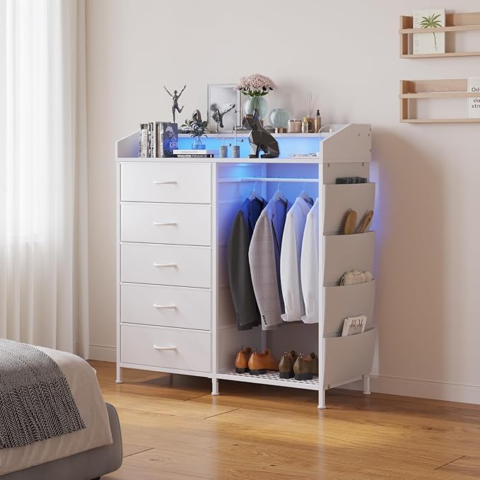 LUMTOK Modern 5 Dresser with LED Hanging Rack, Dresser with Clothes Rack, Hanger Rack, and Storage Drawers, Drawer Dressers with Coat Racks for Bedroom Living Room, Entryway, Closets (White)