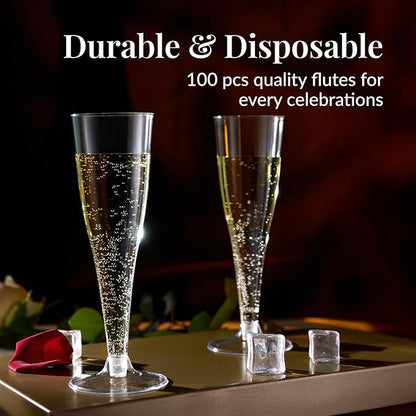 Prestee 100 Pack Clear Plastic Champagne Flutes - 4.5 oz Durable Disposable Champagne Glasses for Parties, Weddings, Toasting and Large Celebrations - Elegant Wine Glasses Stemware for Easy Cleanup