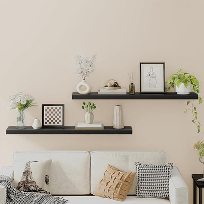 HOOBRO Floating Shelves for Wall, Wall Mounted Shelf Set of 2, 55" Hanging Shelf with Invisible Brackets, for Wall in Bathroom, Bedroom, Toilet, Kitchen, Living Room, Office, Black BK140BJP201