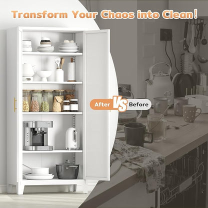 70.87" H Metal Kitchen Pantry Cabinet, Freestanding Cupboard with 2 Doors and 4 Adjustable Shelves, Tall Metal Storage Cabinet for Kitchen, Bathroom, Dinning Room or Laundry Room （White）