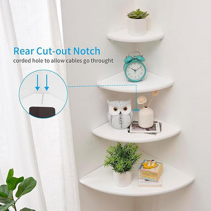 Corner Shelf, Solid Oak Wood Floating Corner Shelf Wall Mount Round End Floating Speaker Shelves with Wire Hole for Small Plant Photo Frame for Bedroom Kitchen, Living Room (White, 7.1in)