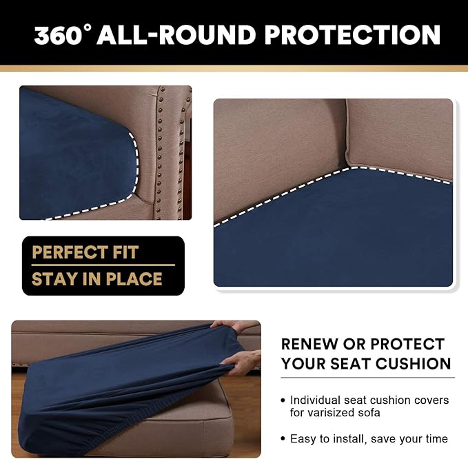 PrinceDeco Couch Cushion Covers, Stretch Washable Sofa Cushion Cover, Fitted Sofa Slipcover Velvet Fabric Non-Slip Furniture Protector for Dog,Pets, Kid (Each Width Up to 29.5", Navy)