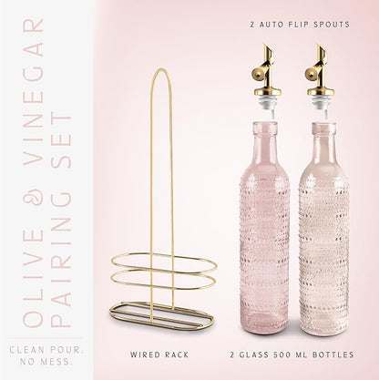 COOK WITH COLOR Glass Olive Oil Bottle Dispenser - 2 Pack- 17oz Oil and Vinegar Cruet - Olive Oil Carafe Decanter for Kitchen