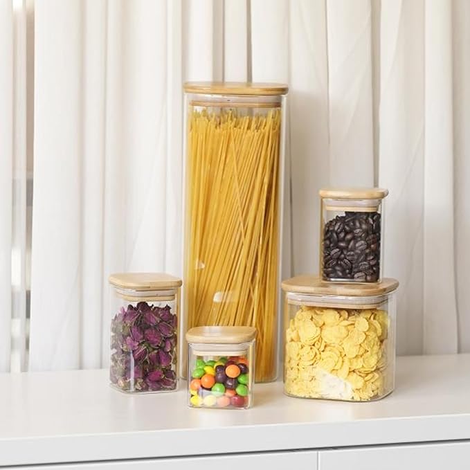 Glass Pasta Storage Jars Square 73oz, 3 Pack Glass Jars With Bamboo Lids, Tall Kitchen Storage Containers For Pasta, Storage For Pantry Organizers