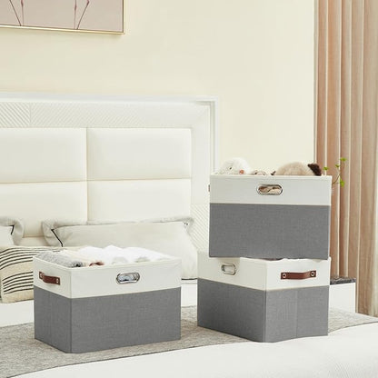 Large Collapsible Fabric Storage Bins with 3 Handles, Foldable Organizer Baskets for Closet, Shelves, Living Room | 3 Pack, Durable PU & Metal Handles (17"x11.8"x11.8", Gray & White)