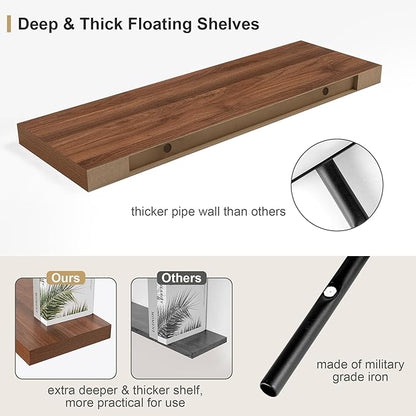 Heimlove 12" Deep Floating Shelves for Wall, 24 Inch Wall Shelf Bathroom Shelves Set of 1, Wall Mounted Shelves for Books Living Room Laundry Room Bedroom Kitchen Home Office, Walnut